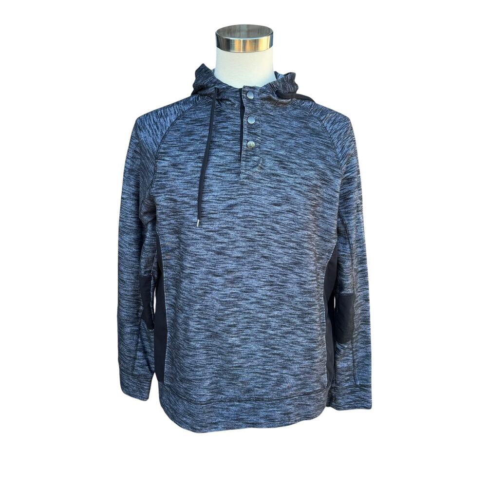 Helix Heather Black Snap Henley Neck Hoodie Sweatshirt Elbow Patches Mens XL